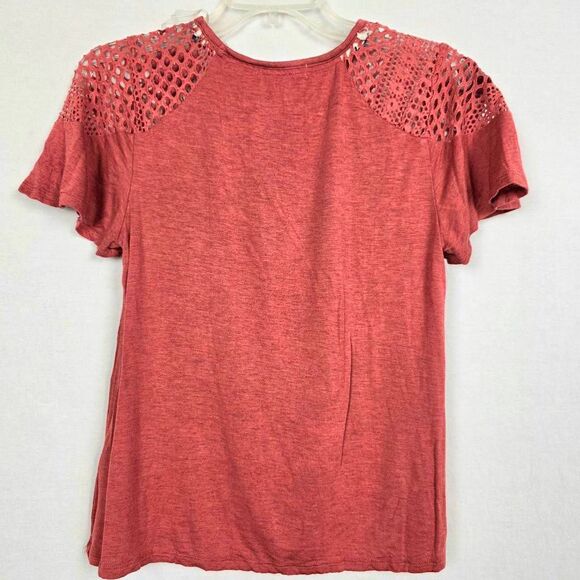 Rewind S Red Lace Shoulder Short Sleeve Boho Top - Picture 4 of 6